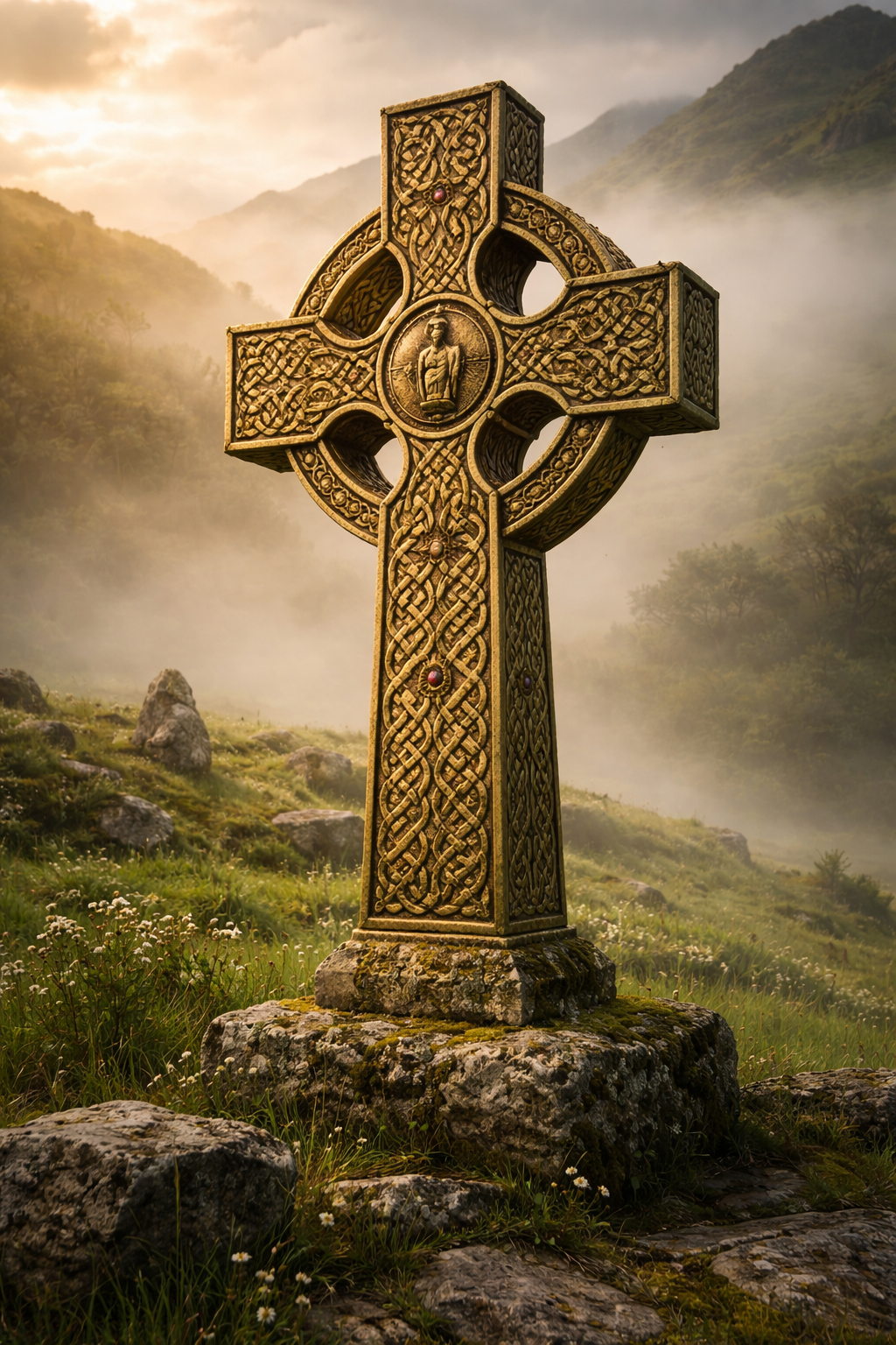 Ornate golden Celtic cross with intricate knotwork patterns standing in a misty green Irish hillside, morning fog rolling through the valley, dramatic atmospheric light -- Celtic cross HD wallpaper